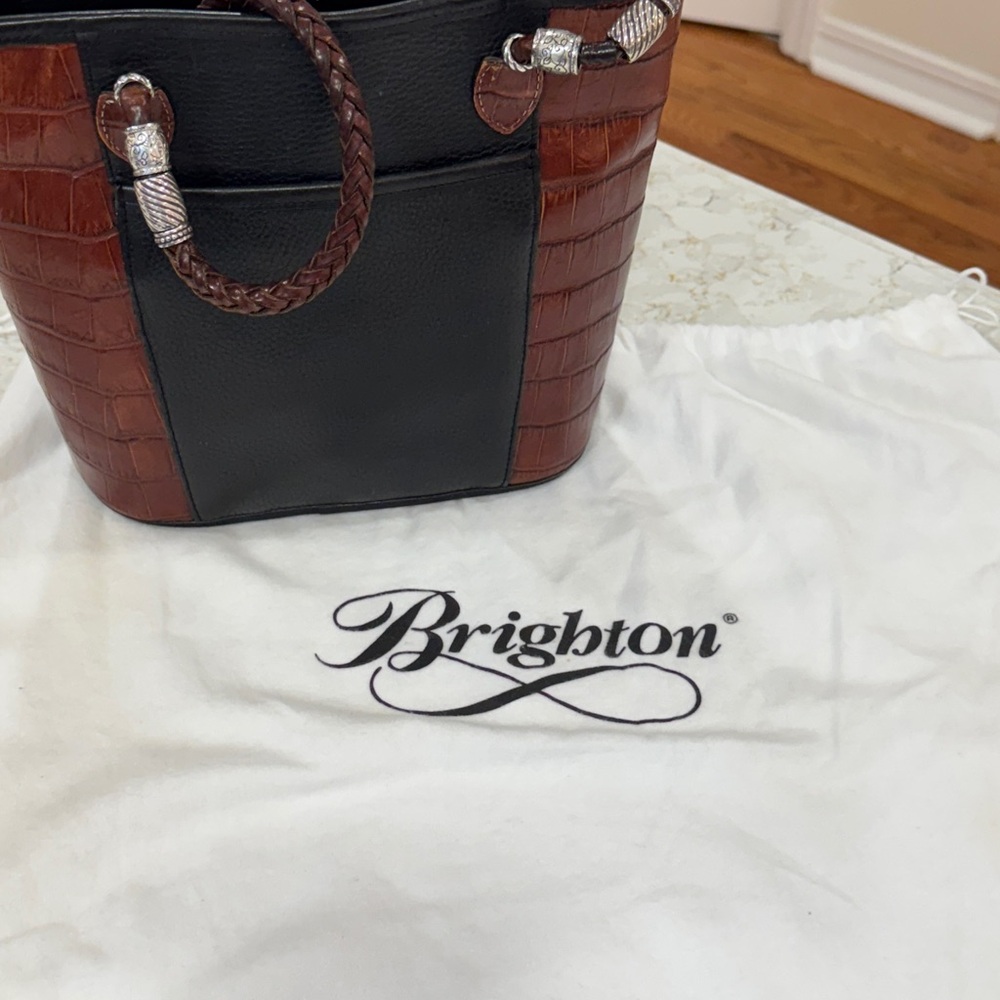 Brighton Caroline Bucket Purse Handbag Tote Black Leather Brown Croc & Dust Bag - Picture 10 of 10
